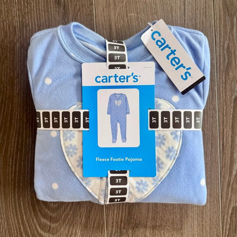 Carters Fleece Footed Pajamas One Piece Zip Sleepwear Polka Dot Blue Heart Sz 3T